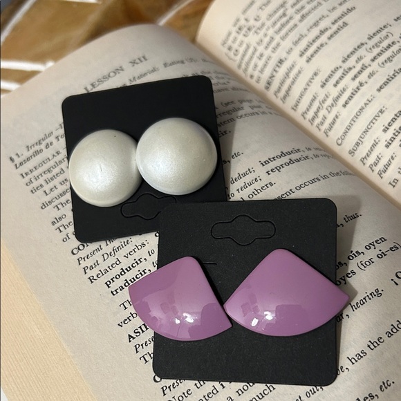 Vintage Jewelry - White pearlescent round earrings and lavender enamel triangle earrings BOTH
